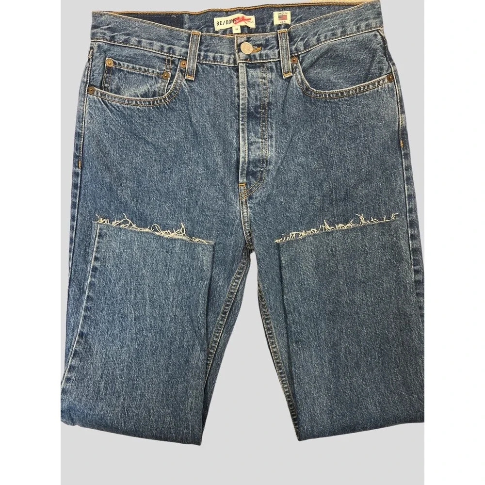 REDONE Originals High Rise Stove Pipe Cotton Button-Fly Raw Hem Blue Jeans 30‎